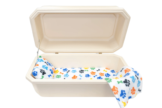 Classic Pet Casket | Almond & Rainbow Paw Print